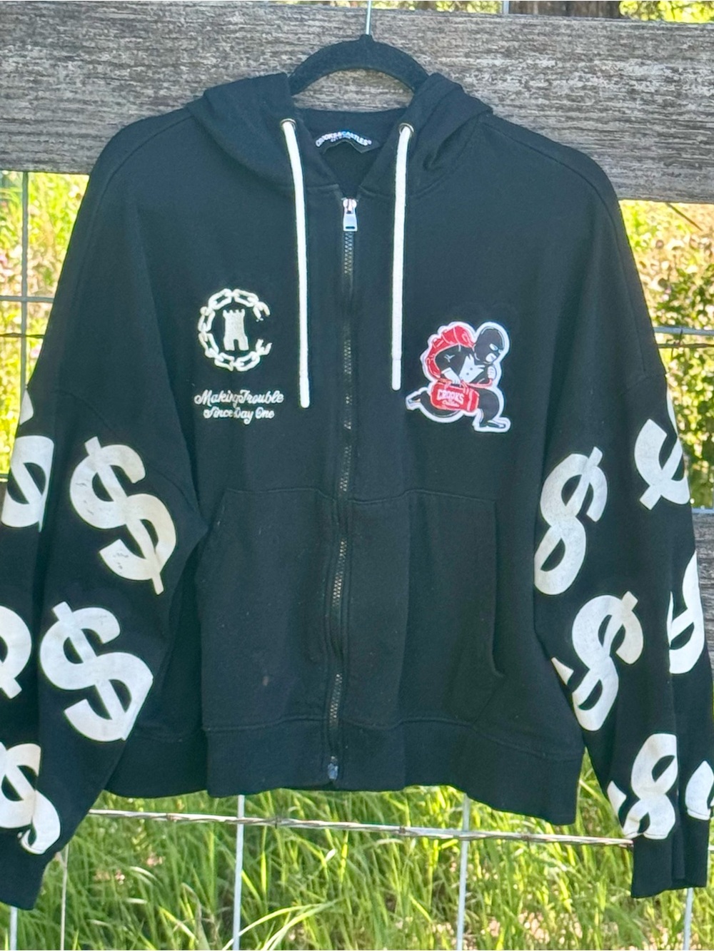 Crooks & Castles Black Zip Hoodie Dollar Sign Sleeves Graphic Jacket